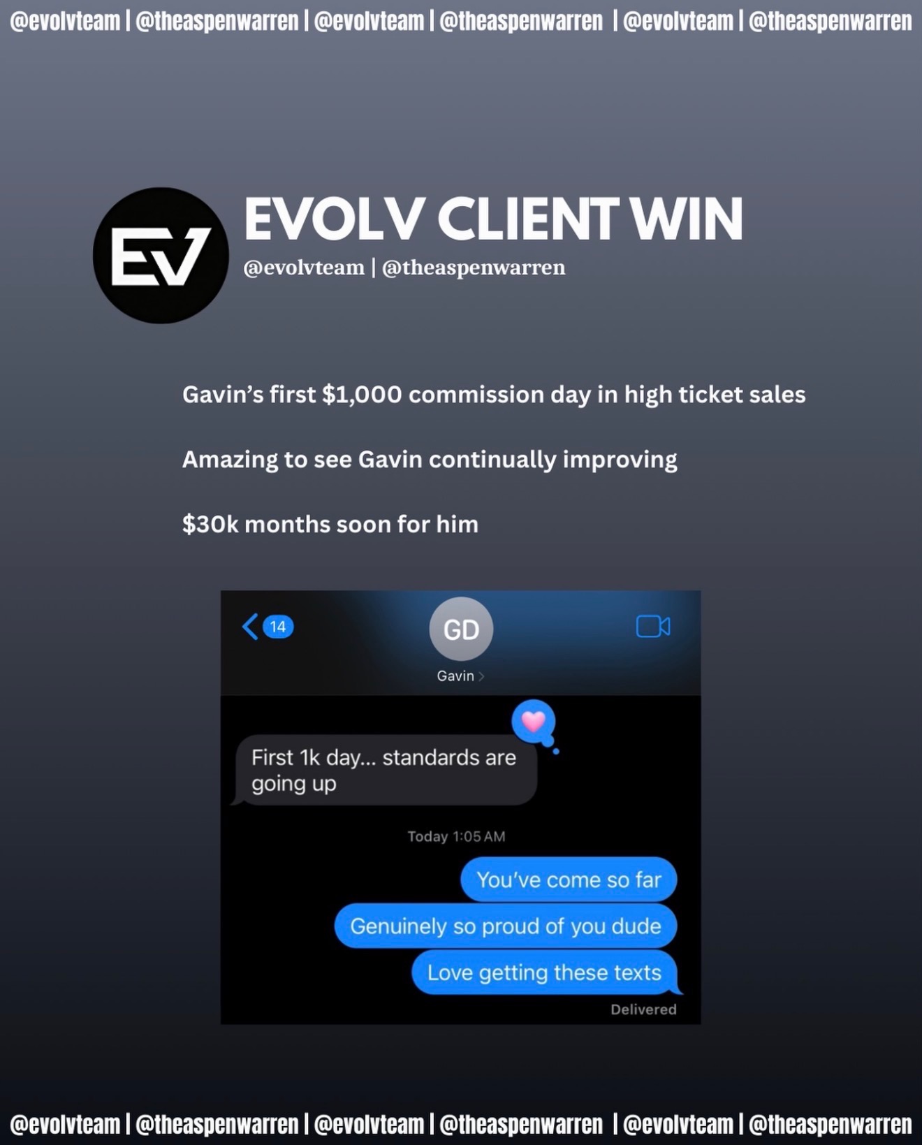 Evolv client win — Gavin's first $1,000 commission day in high ticket sales